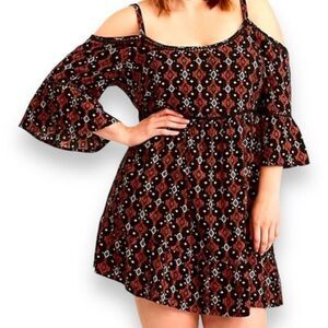 Torrid 3X Brown Geometric Mini Dress Cold Shoulder Boho Festival Cottagecore